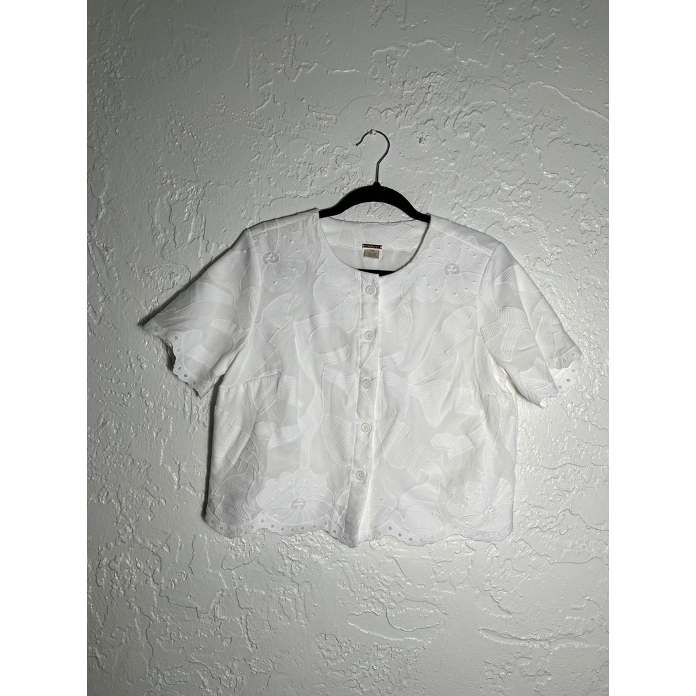 Magaschoni White Cotton Eyelet Floral Jacquard Scalloped Hem Blouse Top Large